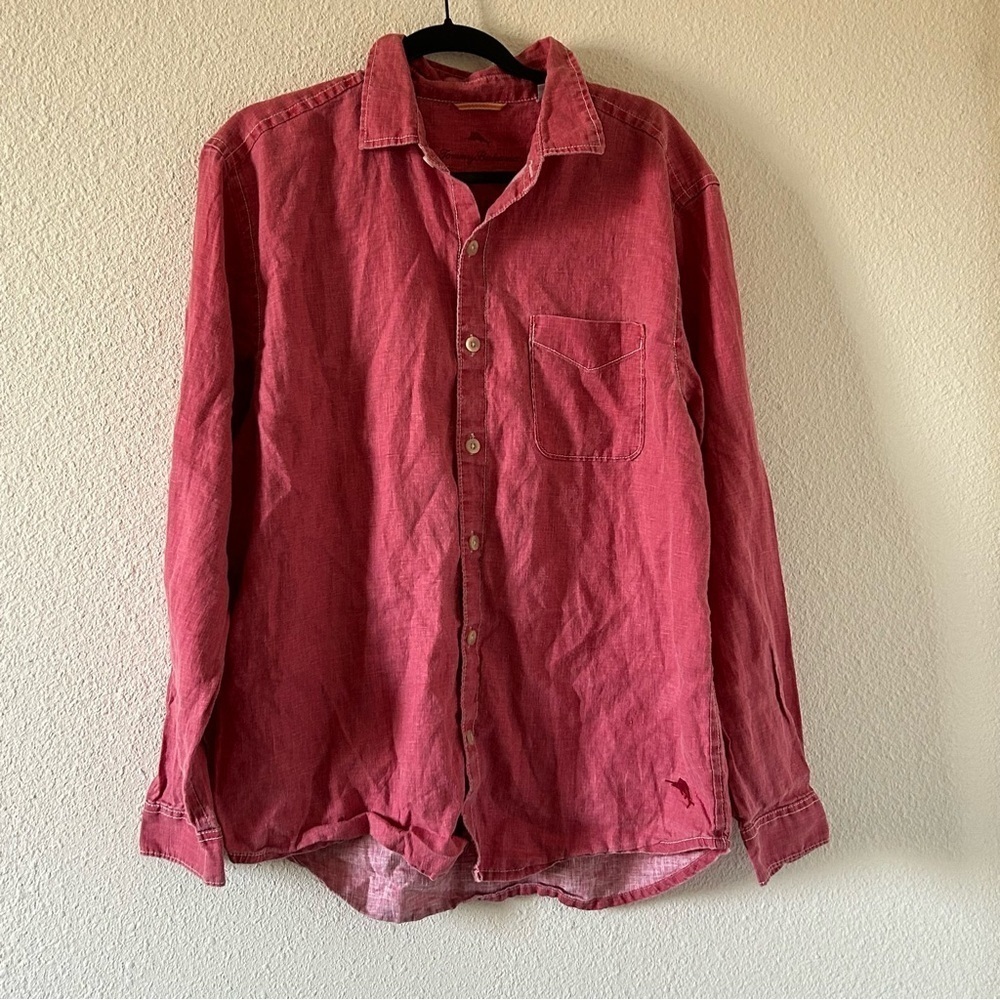 Tommy Bahama 100% Linen Men’s Button Up Large Salmon Color Vacation Beach Cruise